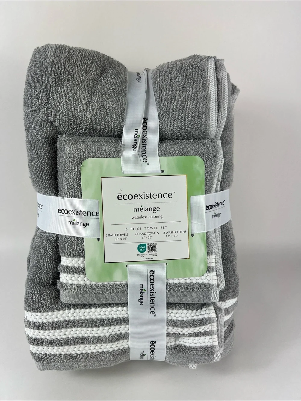 Ecoexistence Bath Towel Set Mélange Gray and White Soft Cotton 6-Piece Set NEW